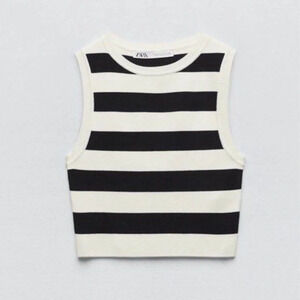 Zara Women’s Knit Striped Cropped Sweater Top in Navy/Ivory Size M
